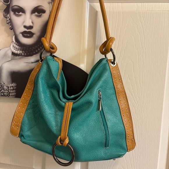 Teal Pebbled Leather Slouchy Hobo Shoulder  bag w/ Tan  Trim - Picture 1 of 9